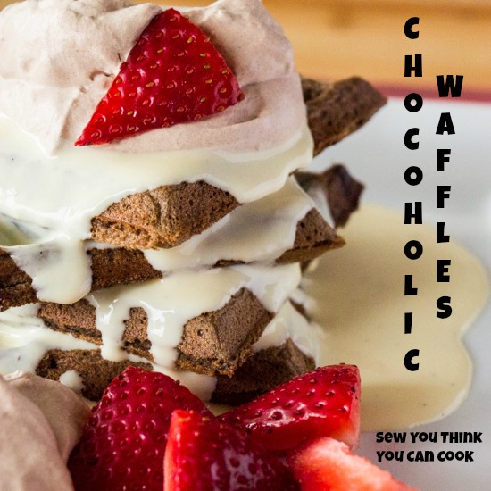 chocoholic waffles chocolate waffles, white chocolate custard, mocha whipped cream  Sew You Think You Can Cook