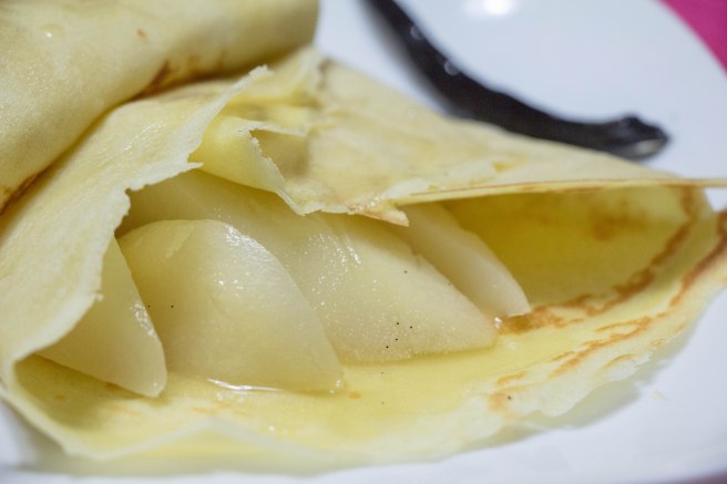 Champagne Poached Pear Crepes | Sew You Think You Can Cook | http://sewyouthinkyoucancook.com